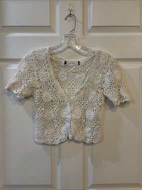 White Crochet Short-Sleeve Crop Top - Lightweight Button Front